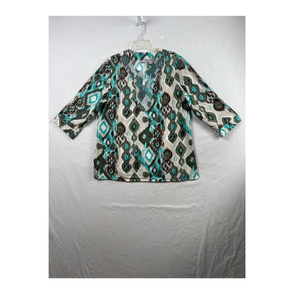 Chico's Tunic Blouse Womens 2 Large Teal Gray Ikat Beaded Split Neck 3/4 Sleeve